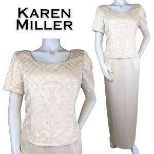 Karen Miller Maxi Dress 10 Cream Satin Beaded Short Sleeve Formal Event Wedding